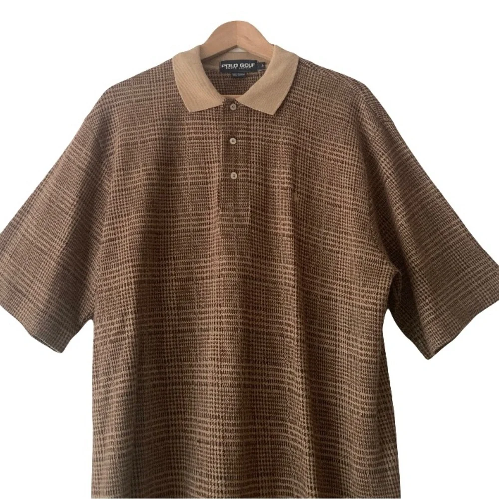 Vtg Ralph Lauren Polo Golf Brown Houndstooth Knit Polo Shirt Men’s L Preppy
